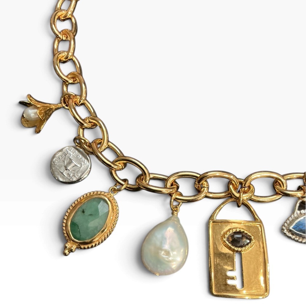 Chan Luu Lock & Key Charm Necklace Gold Labradorite Pearl Smoky Quartz NWT $495 - Picture 2 of 6